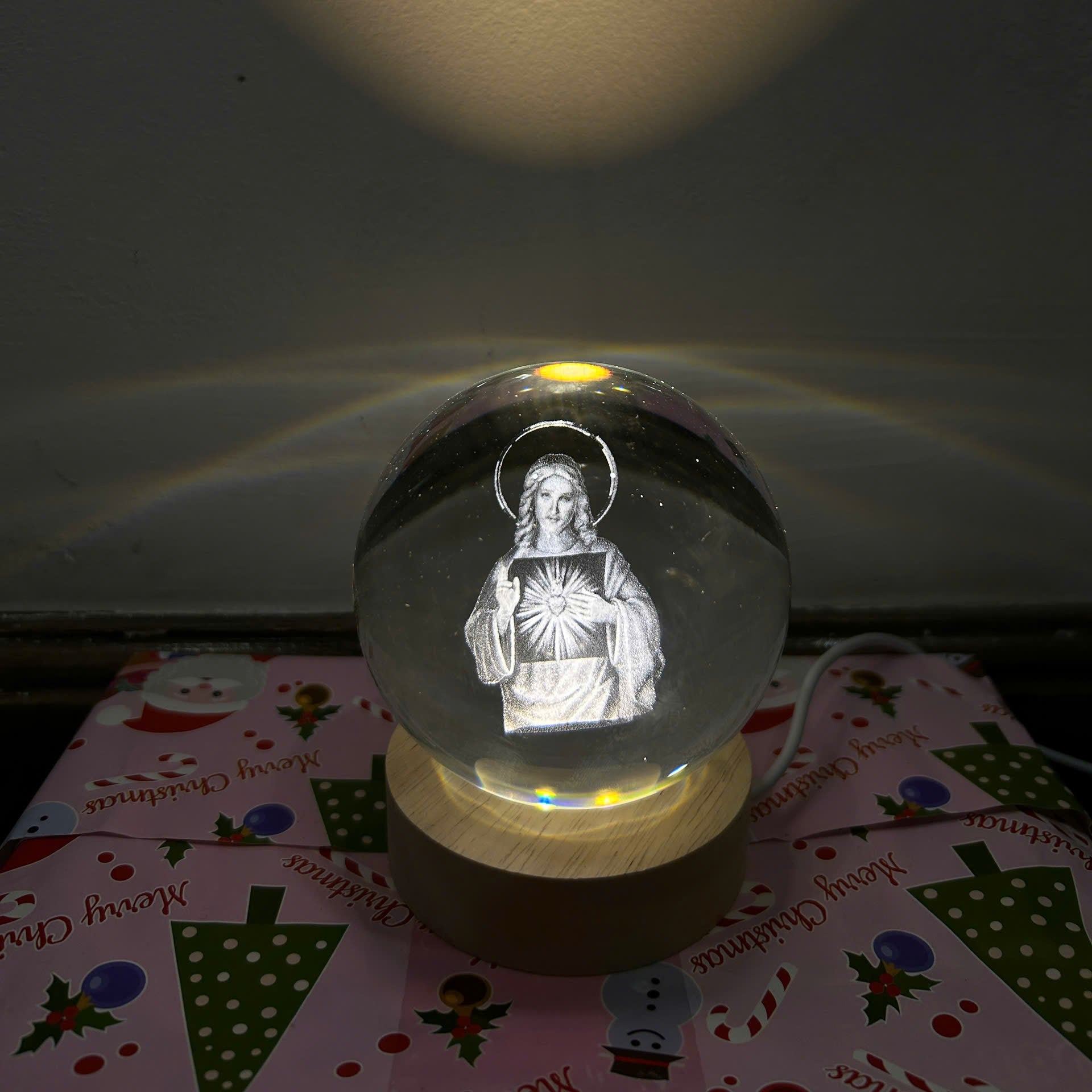 Sacred Heart of Jesus Crystal Sphere with LED Base, A Radiant Symbol of Faith, Jesus Crystal Sphere